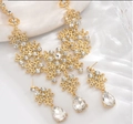 Elegant gold drop jewelry set with necklace and earrings featuring sparkling crystals - Gold White