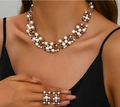 Fashionable teardrop pendant jewelry set with pearl necklace and matching earrings - Colorful Gold