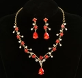 Luxurious gold floral bridal jewelry set with sparkling red and white crystals - Gold Red