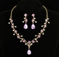 Golden bridal jewelry set with purple floral crystals, necklace and earrings set - Gold Purple