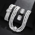 Luxury three-layer pearl jewelry set with crystal centerpiece necklace and earrings - Silver White Pearl Set (G455)