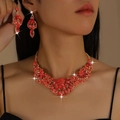 Luxury red crystal jewelry set with floral necklace and earrings for evening dresses - Gold Red (G469)