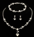 Silver flower bridal jewelry set with pearls and crystals on a black display stand - Three-Piece Set / White Gold (01)