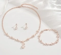 Rose gold leaf jewelry set with pearls and crystals including necklace, bracelet, and earrings - Rose Gold (01)