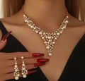 Luxe gold V-shaped necklace and earring set with white pearls and sparkling rhinestones - Gold (02)