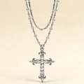 Y2K gotische dubbele ketting met grote zirkoon kruishanger en kralenketting voor dames - Dubbellaagse zirkonia kruisketting