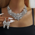 Luxurious silver necklace and earrings set with marquise-cut crystal flower clusters - Silver White (G469)