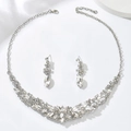 Elegant silver rhinestone jewelry set with leaf-shaped necklace and stud earrings - Silver White (01)