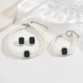 Three-layer pearl jewelry set with black rectangular gemstone and crystal accents - Silver Black Pearl Set (G455)