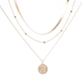 Detail of layered gold necklace featuring snake chain and sun medallion pendant - Gold Three-Layer Snake Chain Sun Relief Necklace (XL1080-21)