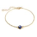 Detail van vergulde enkelband met boze oog, karabijnsluiting en verstelbare verlenging - Donkerblauw Oog Goud