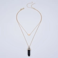 Double-layered golden necklace with heart pendant and black hexagonal stone crystal prism - Black