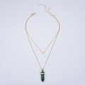 Double-layered gold necklace featuring a heart pendant and green hexagonal stone pillar - Malachite green