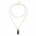 Double-layered gold chain necklace with a black hexagonal crystal stone pendant - Black