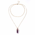 Detail of double-layer gold chain necklace with a purple hexagonal crystal stone pendant - Purple Crystal