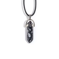 Macro shot of snowflake obsidian hexagonal column pendant with silver metal cap - Snowflake Obsidian