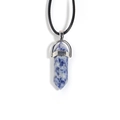 Detailed close-up of blue marble hexagonal column pendant with silver metal bail on black cord - Blue Spot Jasper