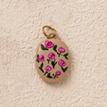 Detail of oval floral pendant with pink blossoms, green leaves and 18K gold plated loop - No 3 Oval Floral