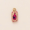 Detailed macro view of 18K gold plated rose flower envelope moon pendant with red wine bottle - Square Pink Bottle Style