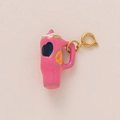 Detail showing a pink enamel cup pendant with blue heart and golden metal lobster clasp - Water Bottle