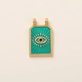 Detail of 18K gold plated evil eye pendant with green enamel and starburst patterns - Blue Eye Square Tag