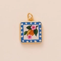 Gold-plated square charm with orange fruit and pink flower enamel painted design - Green Small Flower Pendant