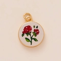 Gold-plated round pendant with delicate red roses and green leaves embroidery detail - No.1 Small Red Flower Pendant