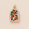 Gold plated arched pendant with painted orange fruit and green leaves design - Multiple Oranges Pendant