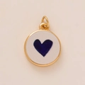 Golden round pendant with white matte base and a navy blue heart for DIY jewelry - Black Heart Pendant