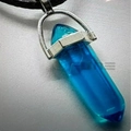 Minimalist blue hexagonal crystal pendant necklace with black cord and silver clasp - Transparent Blue