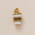 18K gold plated coffee cup pendant with white enamel and coffee text engraving - Coffee