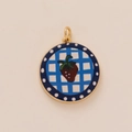 Golden round strawberry pendant with blue checkered background and polka dot ring - Round Strawberry Pendant