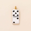 Domino tile pendant in white enamel with black spots and 18K gold plated loop charm - Poker Chips