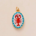 Oval gold plated lobster charm with red crustacean and blue polka dot background - Pendant Only (Without Chain) Lobster
