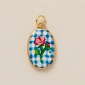 Gold oval pendant with blue checkered pattern and red rose flower design charm - Rose Pendant
