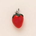 Detailed close-up of a red strawberry charm with green leaves and a silver lobster clasp - Enamel Strawberry Pendant (With SS Lobster Clasp) / Red Strawberry