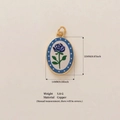 Vintage oval copper pendant with blue rose motif and 22mm golden metal frame - Single Orchid Style