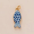 Blue and white enamel fish pendant with gold-plated edges and flower pattern - Small Fish Pendant