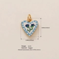 Golden heart pendant with white enamel and blue floral pattern, 14mm x 13mm copper charm - Blue Orchid Heart (MQPK254807S) / 14x13mm