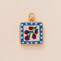 Square gold-plated pendant with hand-painted red berries and blue polka dot border - Cherry Pendant (1)
