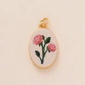 Gold-plated oval pendant featuring hand-painted pink rose floral design on cream background - Lotus Pendant