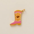 Detail of colorful enamel sun smile charms on golden copper boot-shaped jewelry pendants - Boot Pendant / Pink Sun
