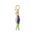 Handmade purple and green beaded fish keychain with golden clasp on white background - Purple Green Fish Charm