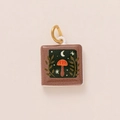 Detailed view of a square ceramic pendant with mushroom and moon illustration for jewelry DIY - No.7 Rectangular Mushroom