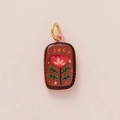 Detail of rectangular floral pendant with red enamel texture and gold moon cycle accent - No.11 Oval Flower