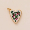 Golden heart pendant with strawberry and flower hand-painted pattern for jewelry DIY - Strawberry Heart Pendant