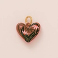Detail of pink heart ceramic pendant featuring hand-painted floral pattern and gold ring - No.13 Heart White Flower