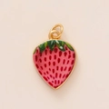 Pink strawberry enamel charm with gold plating and green leaves for DIY jewelry making - Heart Strawberry Pendant