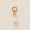 Detail showing gold pendant with pink glass beads and a large white glossy faux pearl - Artificial Pearl String (No. 14 Pearl White Jade)