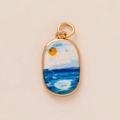 Gold-plated oval pendant with artistic blue sea and sunset oil painting detail - Sea Landscape Pendant